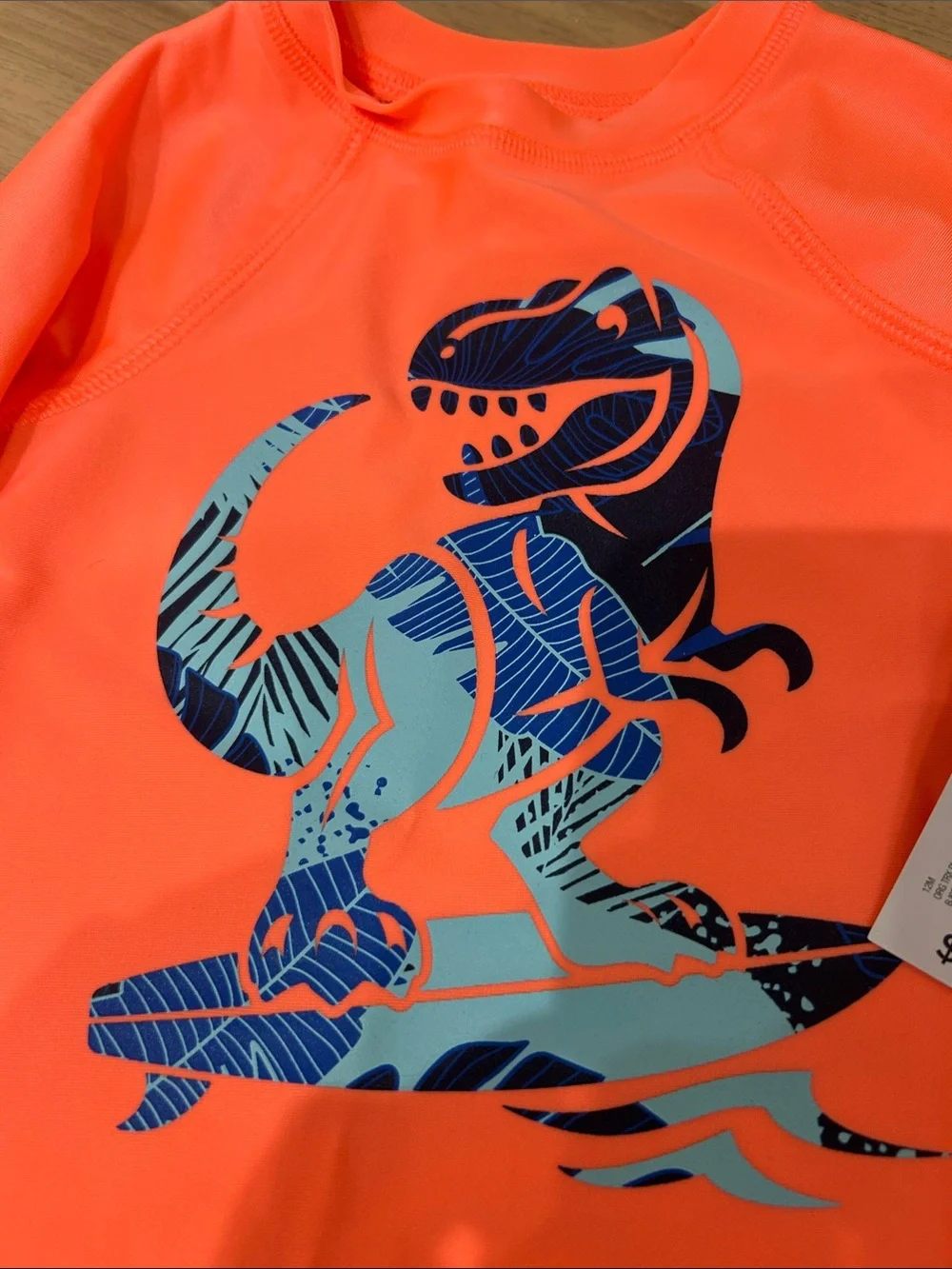 jumping beans Neon Orange Long Sleeve Rashguard with Blue Surfing Dinosaur